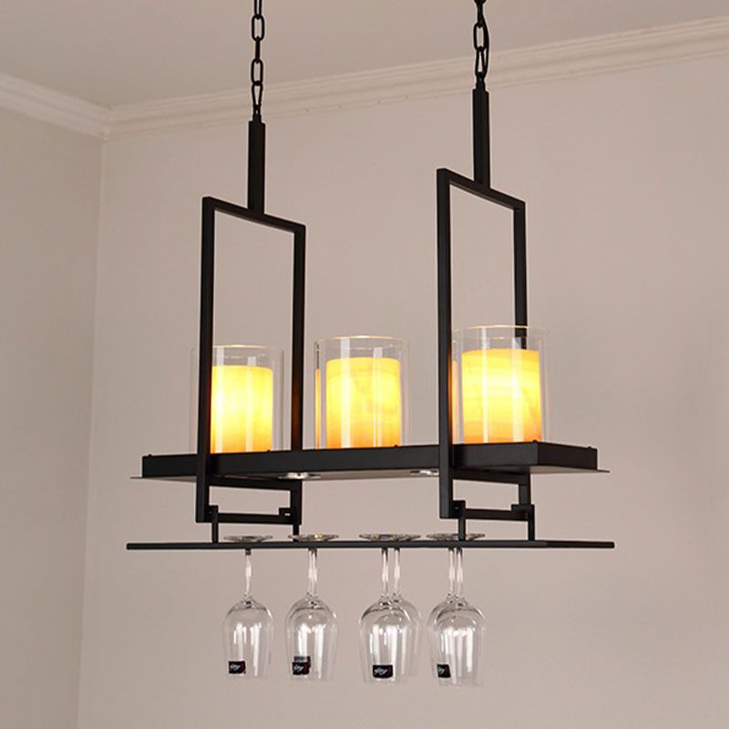 3/5 Heads Cylinder Island Light Traditional Black Marble Pendant Lighting Fixture with Metal Wine Glass Rack