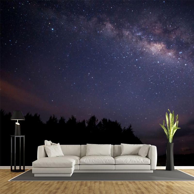 Huge Scenery Wall Paper Mural Modern Enchanting Night Mountain with Starry Sky Wall Decor in Purple-Black