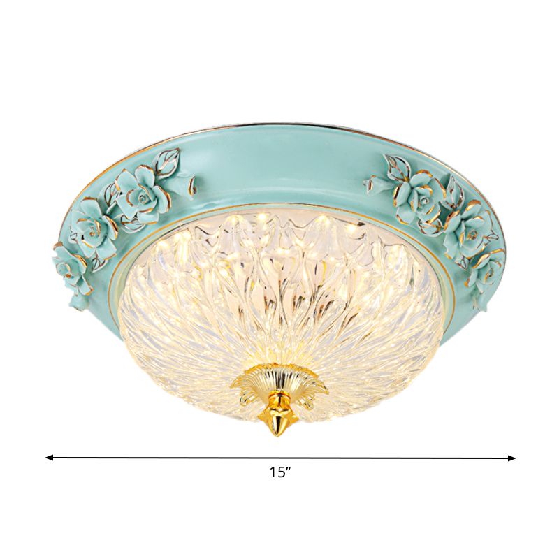 Bowl Up Design Flush Light Fixture Retro Style LED Clear Glass Ceiling Lamp in Blue for Dining Room, 11"/15" W