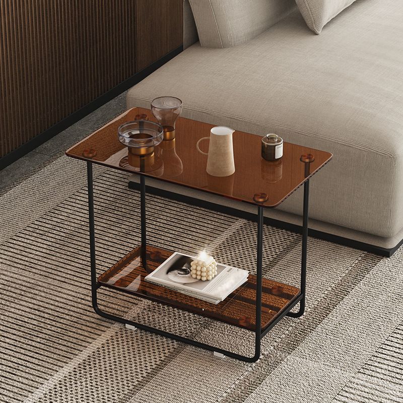 Rectangle Glass Top Side Table 21.65" Tall Metal Sled Base End Table with Shelf