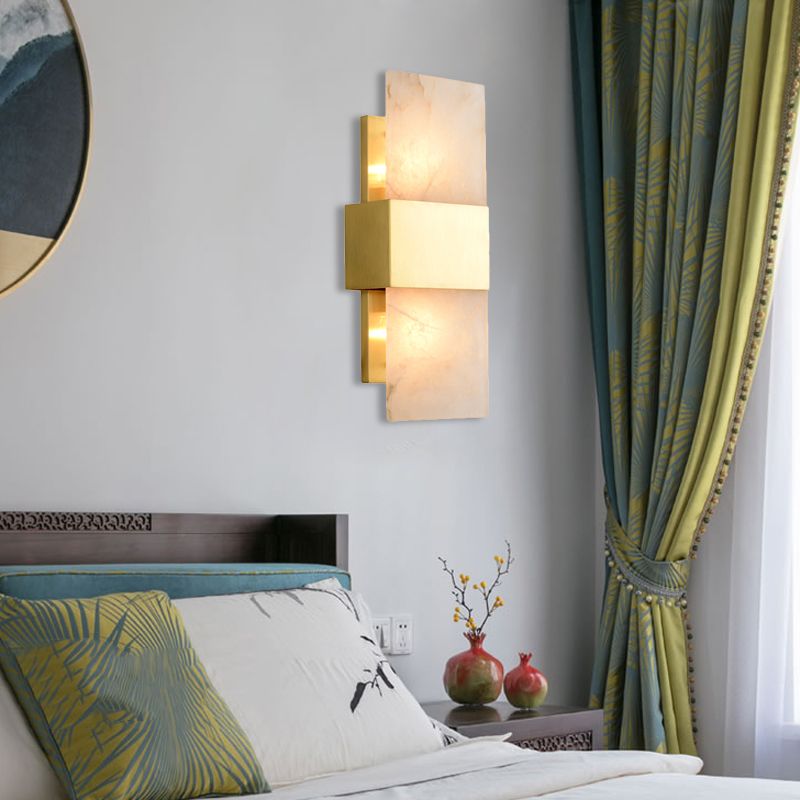 2 Bulbs Rectangle Flush Mount Colonial Gold Marble Wall Sconce Lighting for Living Room