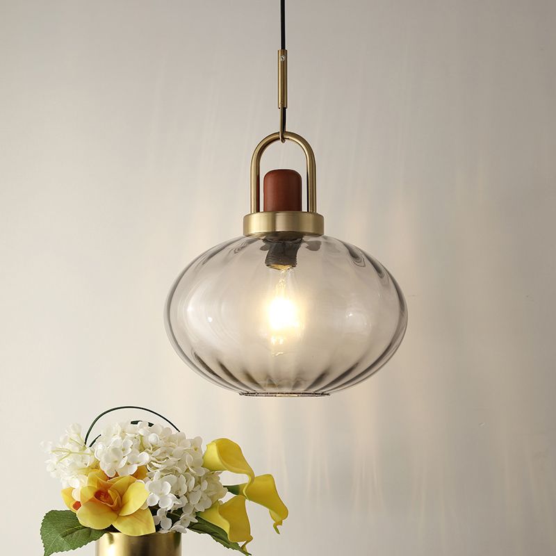 1 Light Bedroom Pendant Simple Brown and Gold Hanging Lamp with Oval Smoke Gray Water Glass Shade