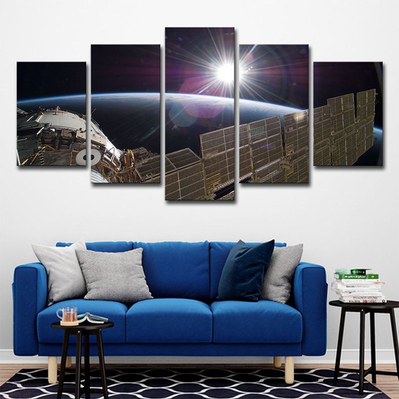 Sci-Fi Space Satellite Art Print Canvas Multi-Piece Black and Brown Wall Decor for Room