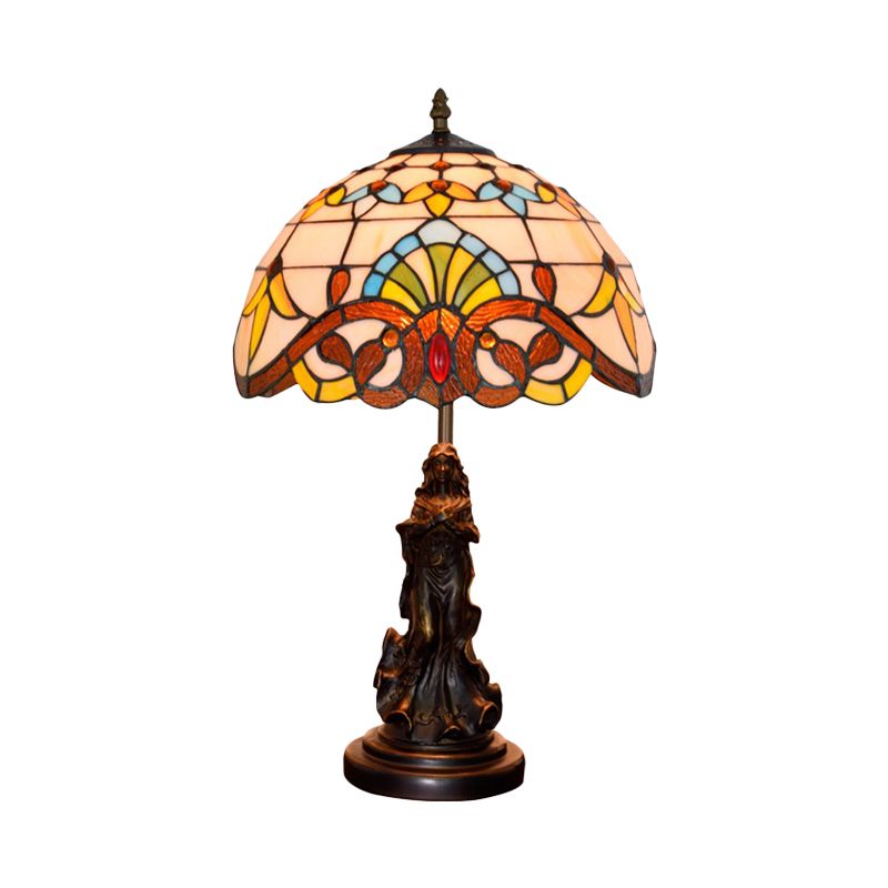 Beige/Blue Stained Glass Dome Table Light Tiffany Style 1 Bulb Bronze Nightstand Lamp with Angel Decoration