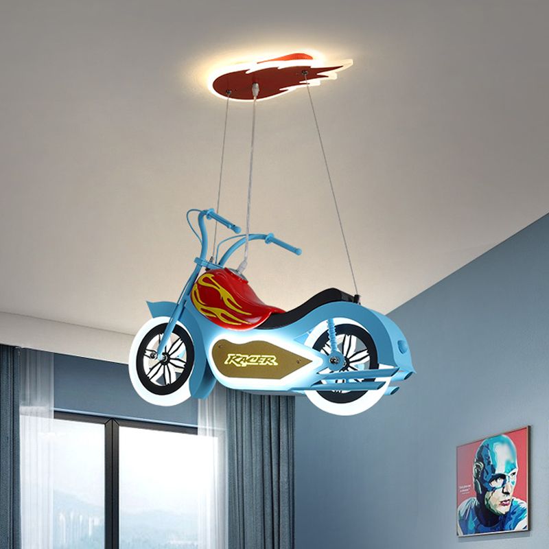 Motorbike LED Chandelier Pendant Cartoon Acrylic Blue Suspended Lighting Fixture for Bedroom
