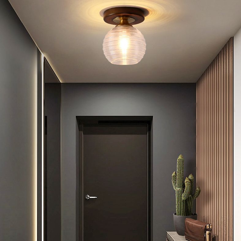 Simplicity Small Ceiling Flush Light Clear Glass 1 Bulb Entryway Flush Mount Light in Dark Wood