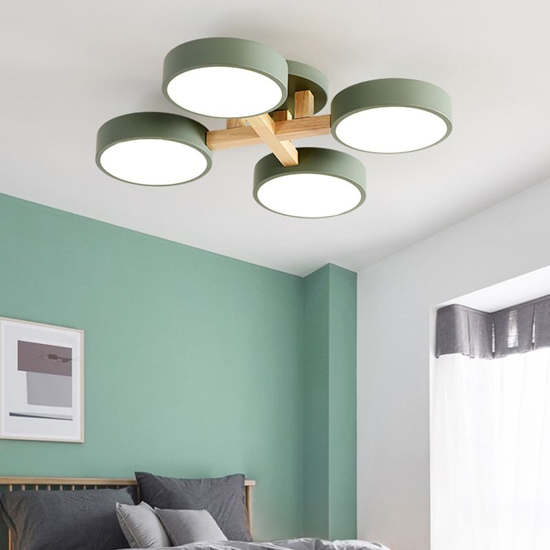 Nordic Round Ceiling Light Wood Macaron LED Flush Mount Light for Living Room