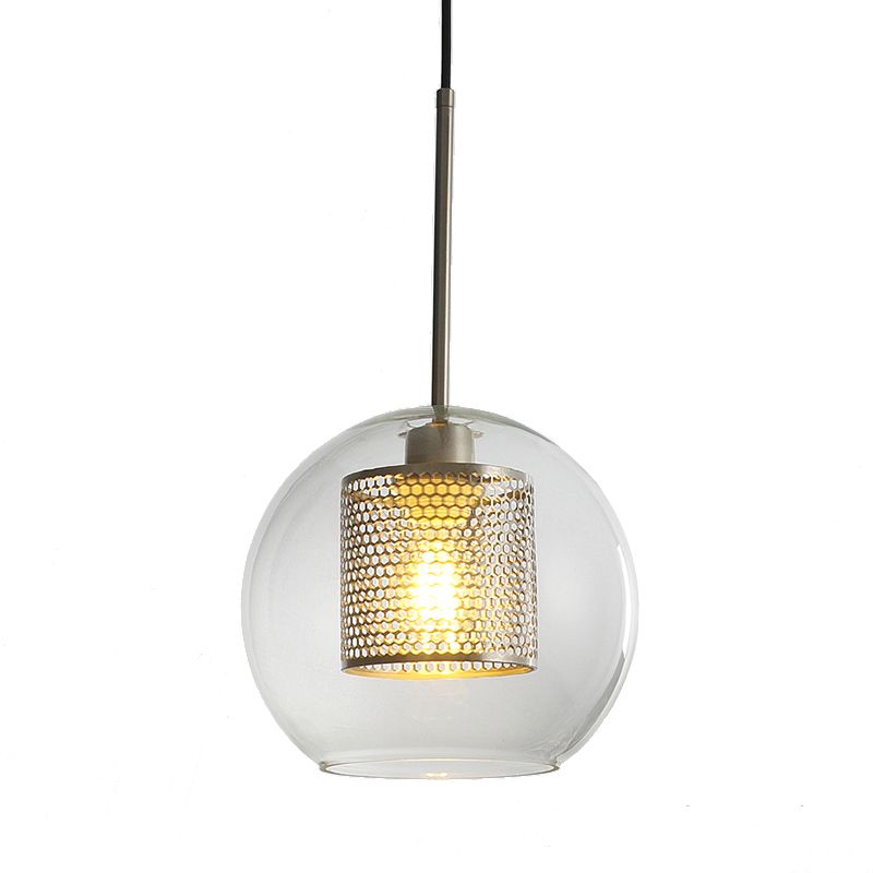 Simple Orb Shade Pendant Light with Cylinder Mesh Screen 1 Light Glass Hanging Lamp for Hallway
