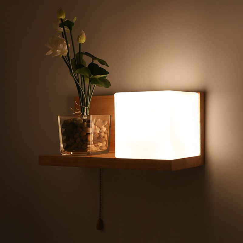 Nordic Style Solid Wood Wall Sconce White Square Glass Shade Wall Mount Light with Hand-pull Switch