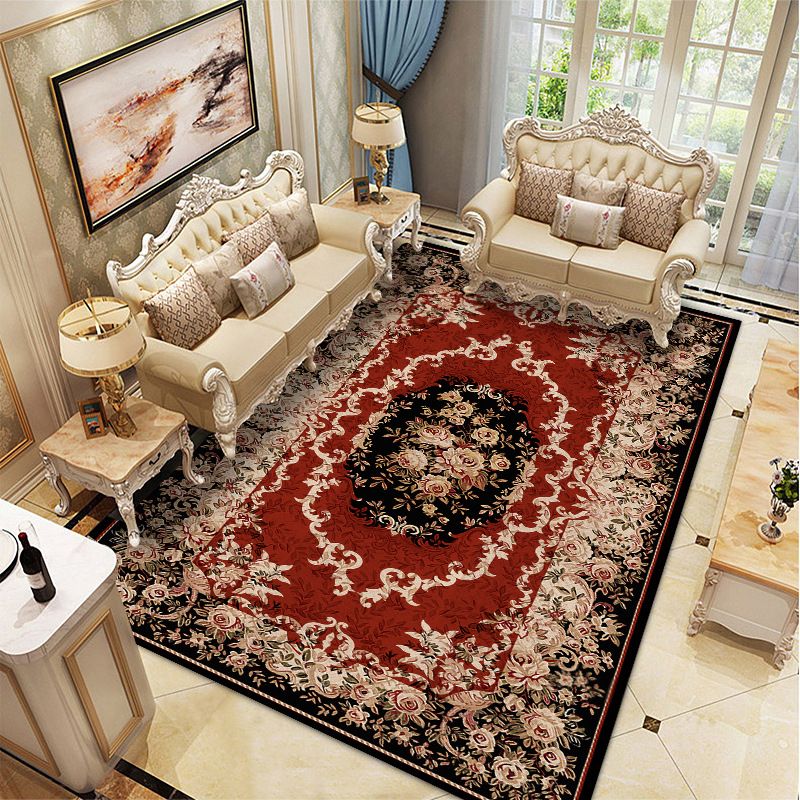 Wine Red Vintage Rug Polyester Medallion Rug Washable Rug for Drawing Room