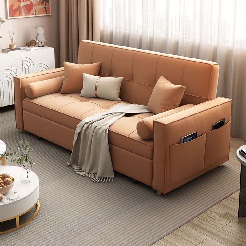 Faux Leather Convertible Sofa Bed with Pillows in Orange for Apartment