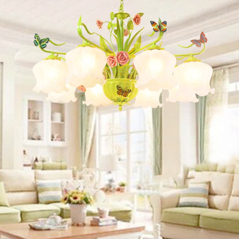 Countryside Flower suspendu Pendant 8 têtes Opal Verre lustre Lighting Fixture en vert pour le salon