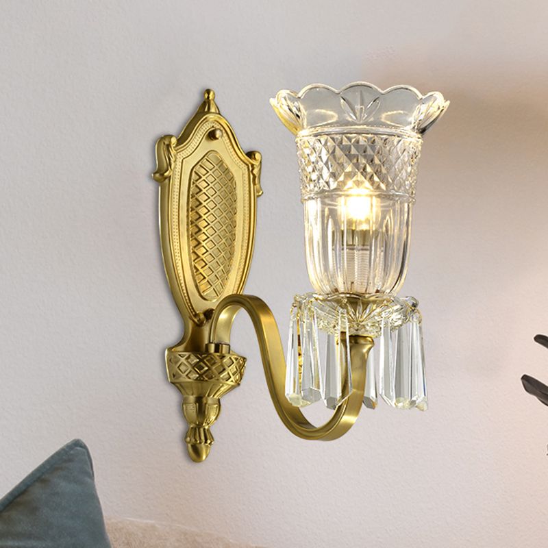 Vintage Floral Shade Up Wall Light 1 Light Clear Crystal Glass Wall Mounted Lamp in Gold