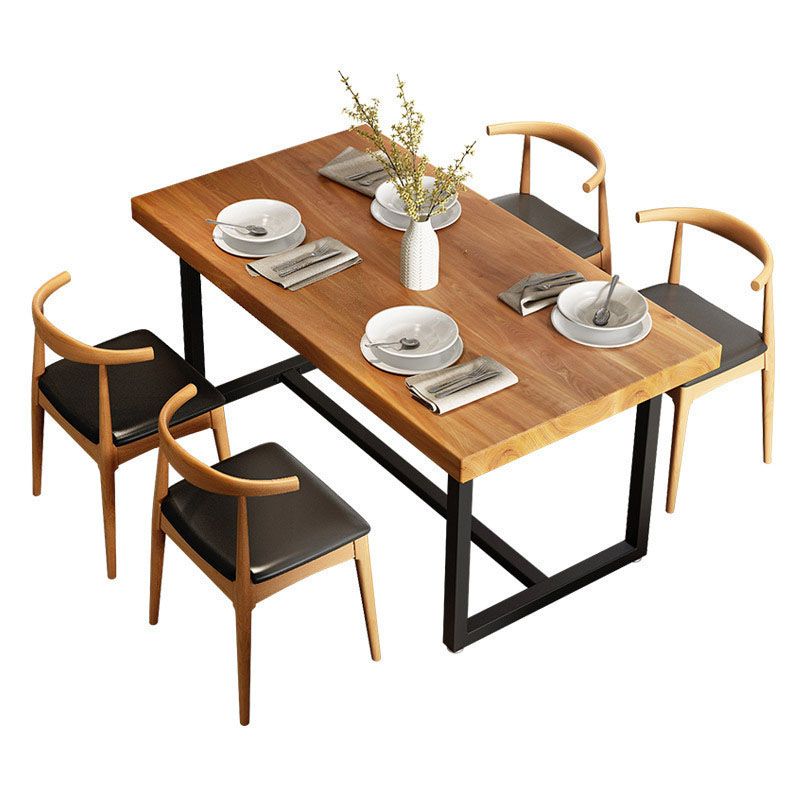 Pine Wood Top Dining Table Industrial Rectangle Table with Trestle Base in Black
