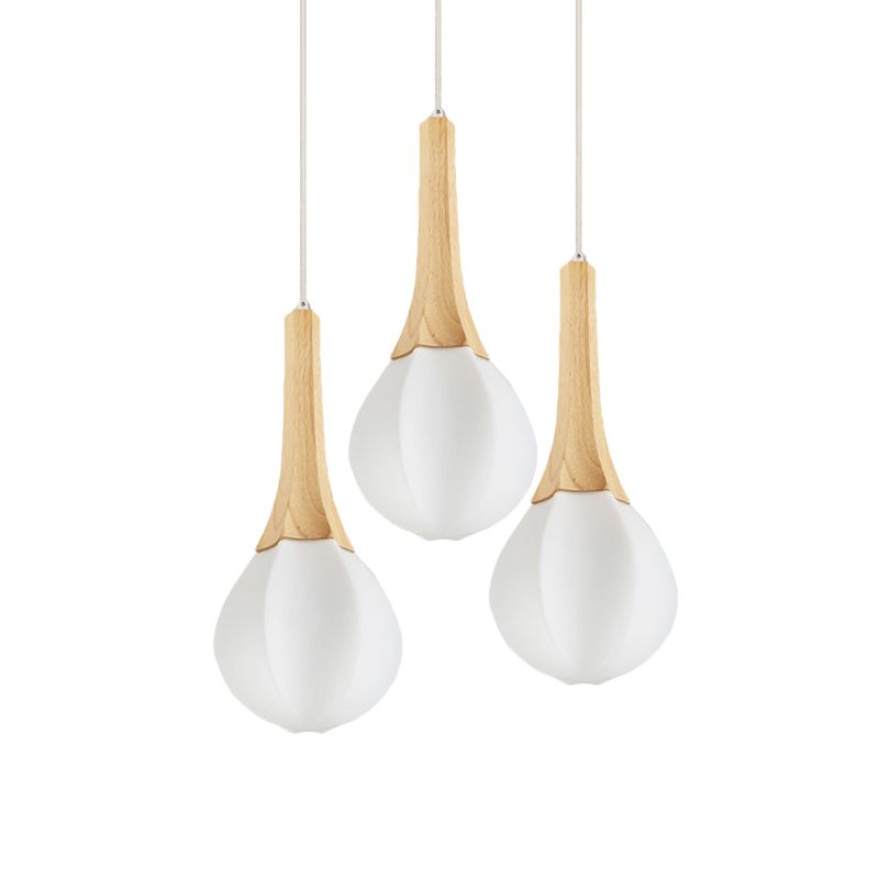 Ice Cream Shape Multi Light Pendant Modern Frosted White Glass 3 Bulbs Wood Ceiling Hang Fixture