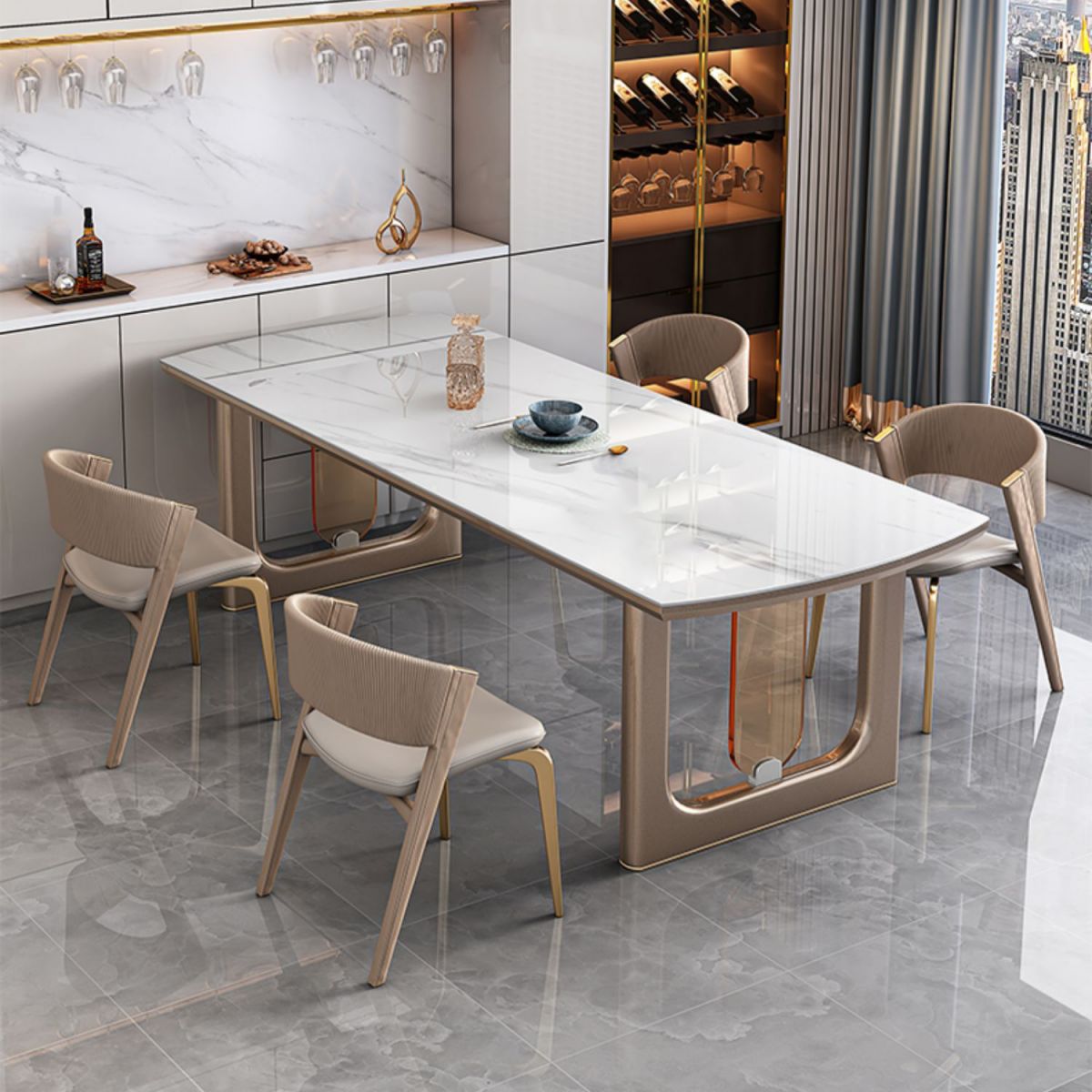 Glossy White Stone Top Dining Table Set for Home 1/2/5/7 Pcs Modern Dinette Set