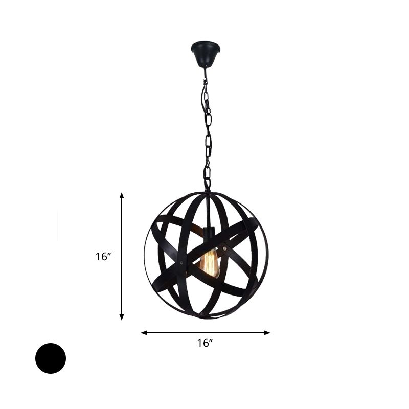 1 Light Spherical Hanging Ceiling Light Industrial Black Metallic Pendant Lamp with Wire Guard for Living Room