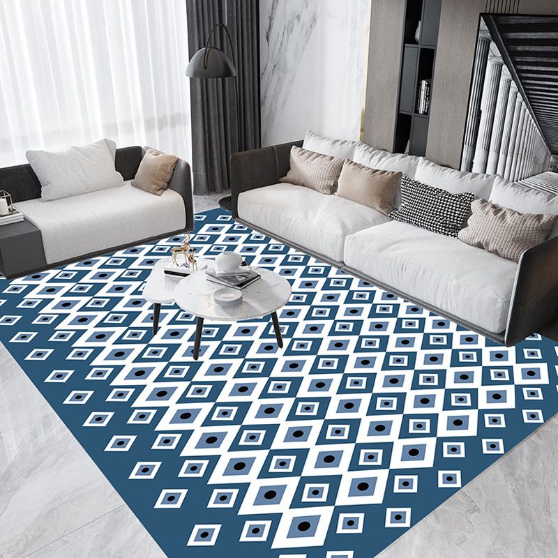 Retro Geometric Pattern Rug Blue Bohemian Rug Polyester Pet Friendly Non-Slip Backing Washable Area Rug for Living Room