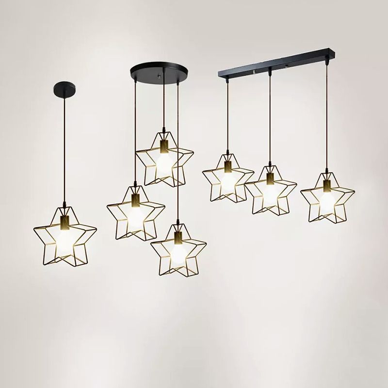 Industrial Star Shaped Suspension Light Single Iron Hanging Pendant Light in Black for Restaurant