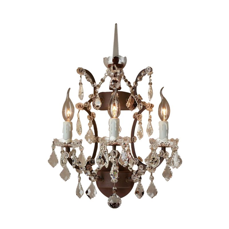 Candle Living Room Sconce Light Rustic Clear Crystal 3 Lights LED Wall Lighting Fixture in Rust