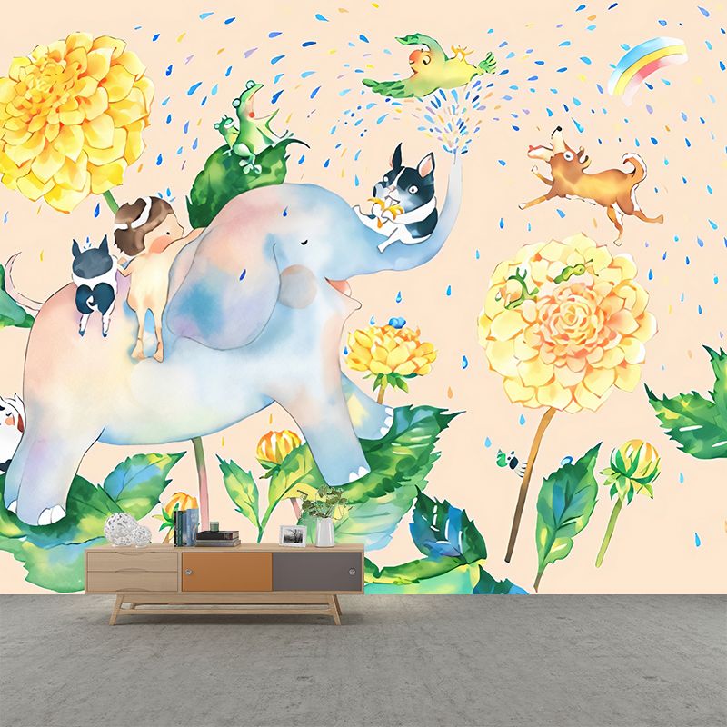 Cartoon Elephant Shower Mural Decal Pastel-Color Kids Bedroom Wall Decoration, Optional Size
