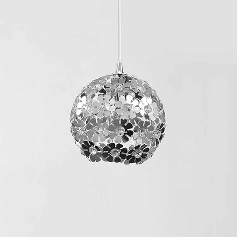 Floral Globe Shade Hanging Light Fixture Contemporary Aluminum 1 Light Chrome Suspension Lamp with Crystal Accent