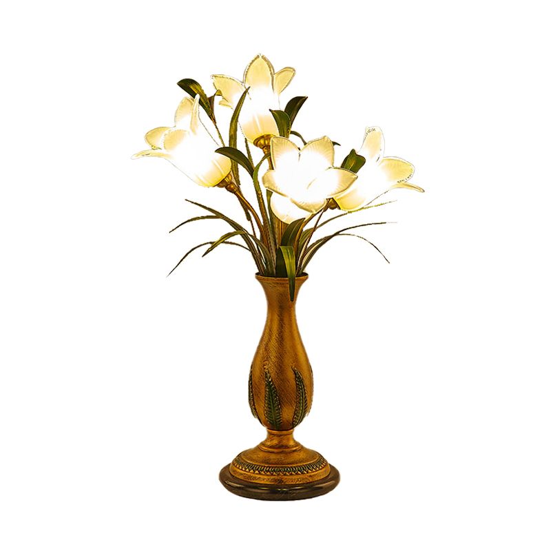 White/Purple Glass Floral Table Light Traditional-Style 4 Lights Bedroom Nightstand Lamp