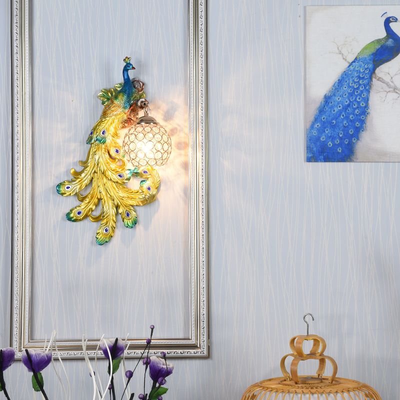 1 Light Blue/Gold Peacock Wall Lamp Country Resin 1/2-Pack Sconce Lighting with Crystal Globe Shade, Double/Right/Left