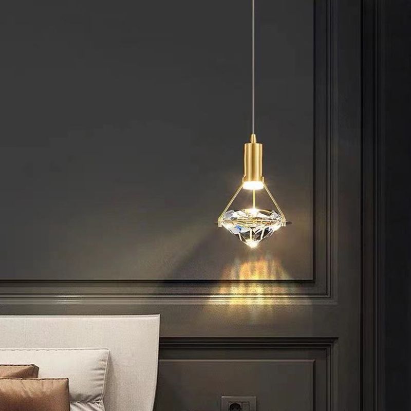 Brass Crystal LED Pendant Light in Modern Luxury Style Copper Geometric Hanging Lamp for Bedroom