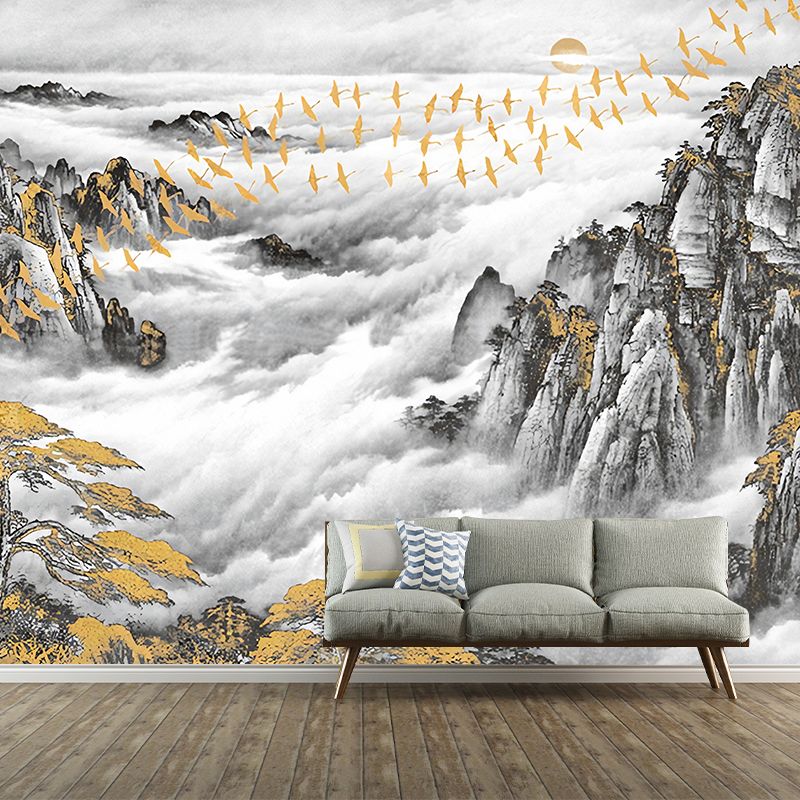 Full Size Traditional Wall Decor Gold and Grey Mountain and Bird Mural Wallpaper, Custom-Printed