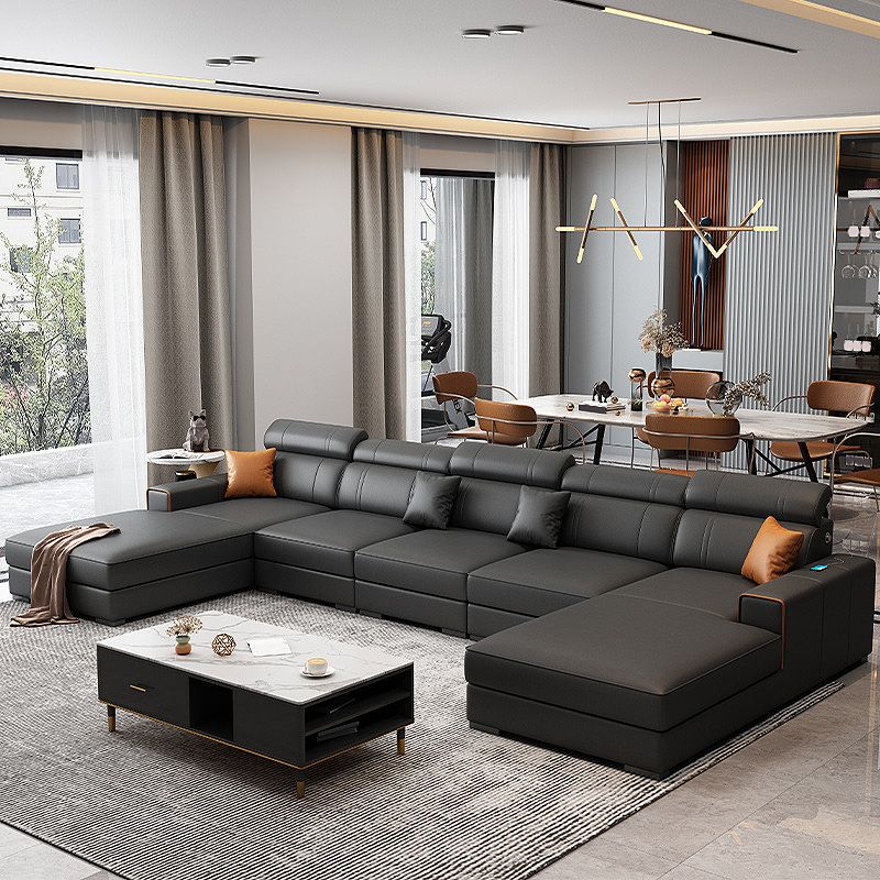 Square Arm Sectional Dark Gray Cushion Back Storage Faux Leather Living Room Sofa