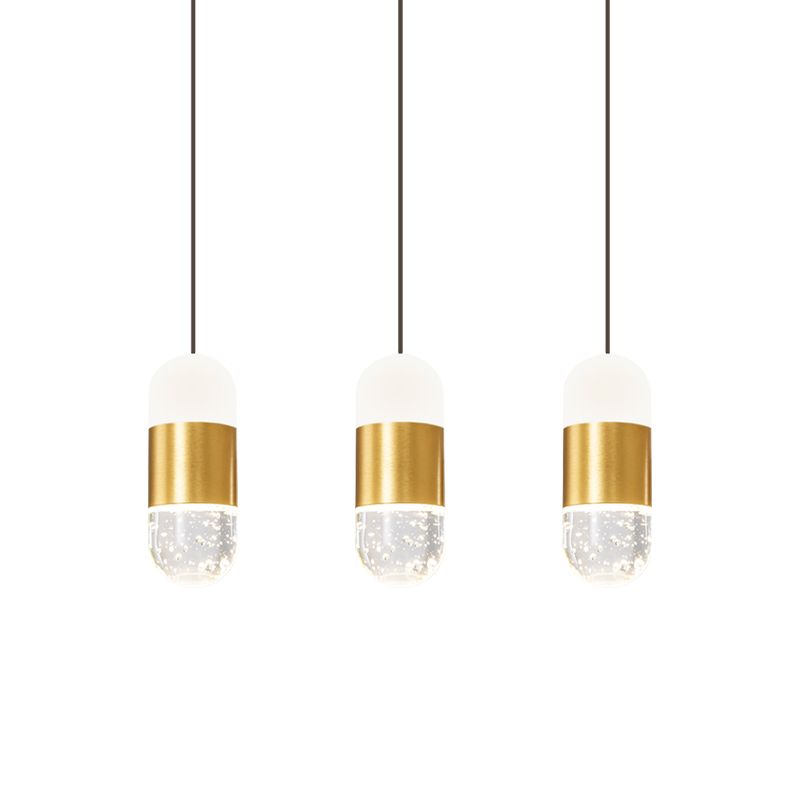 Brass 3-Head Cluster Pendant Minimalist Seedy Crystal Capsule Hanging Ceiling Light for Dining Room