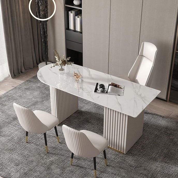 Beige Stone Writing Desk with Chrome Metal Base Office Desk Pedestal