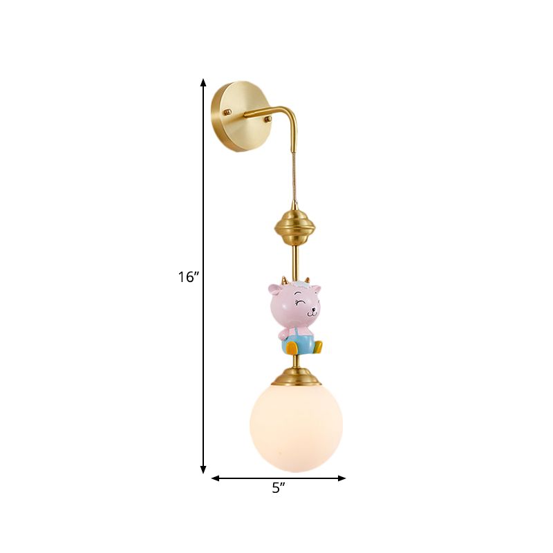 Globe Wall Lighting Fixture Cartoon Opaque Glass 1 Head Gold Wall Mounted Lamp with Sheep/Monkey/Rabbit Deco