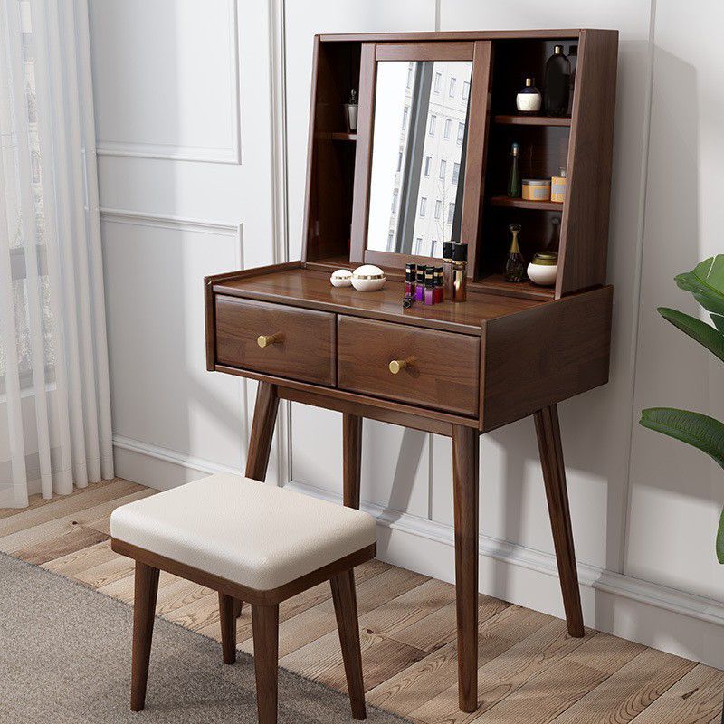 Wood Vanity and Stool 2 Drawers Mirrored Dressing Table for Bedroom