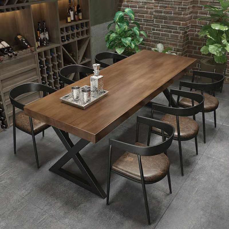 Rectangle Dining Table with Double Pedestal Industrial Solid Wood Kitchen Desk