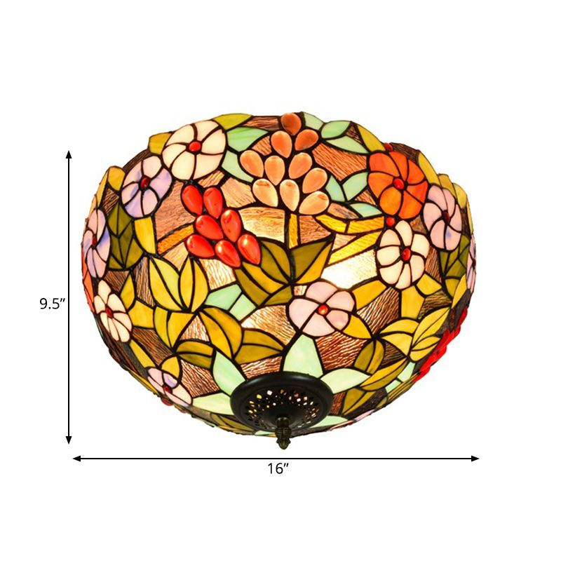 2/3 Lights Flower Ceiling Lighting Tiffany Brass Metal Flush Mount Light for Hallway, 12"/16" Wide