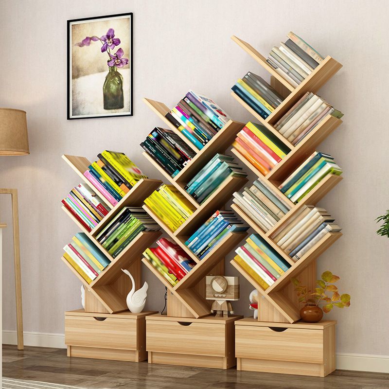 Modern Open Back Standard Bookshelf Engineered Wood Bookcase with Drawers for Study Room