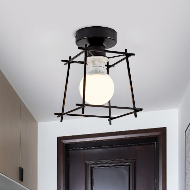Cubic Metal Semi-Flush Ceiling Fixture with Wire Guard Industrial 1 Head Bedroom Rotatable Semi Flush Mount Lighting in Black/White