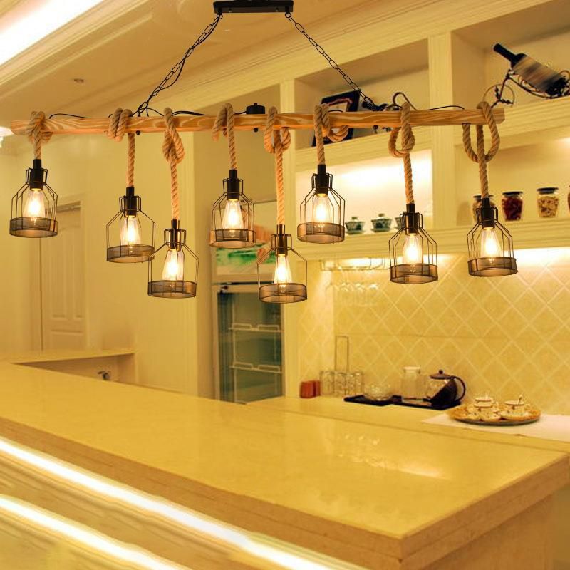 Linear Island Lighting Retro Style Wood Chandelier Lights for Bar