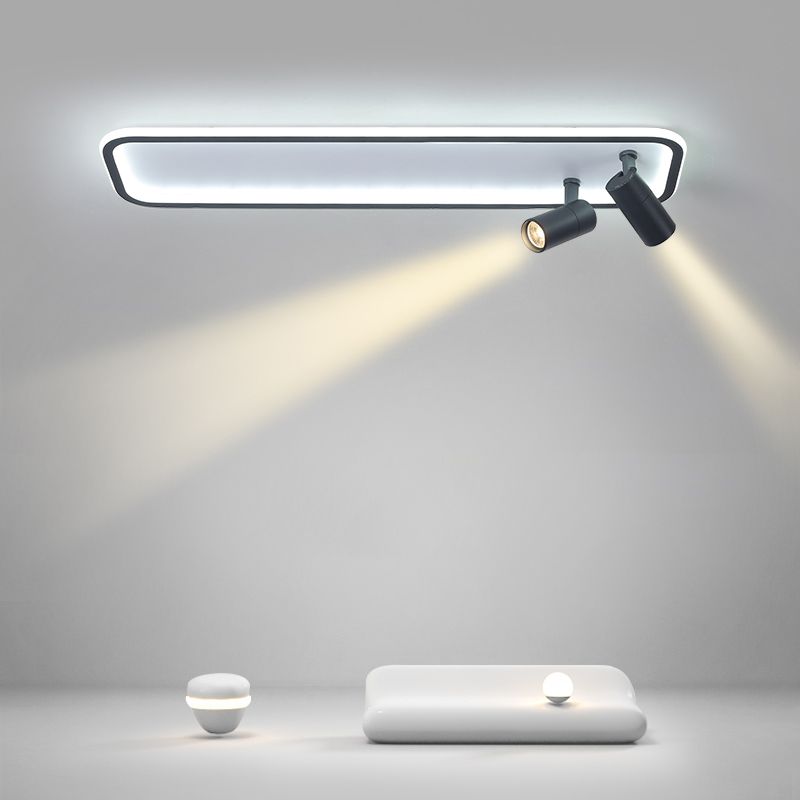 Aluminum Rectangular Flush Mount Modern Black Ceiling Light Fixture with 2 Spotlights