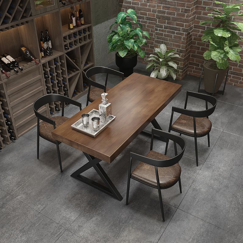 Industrial Style Rectangular Solid Wood Dining Table with Double Pedestal Iron Legs