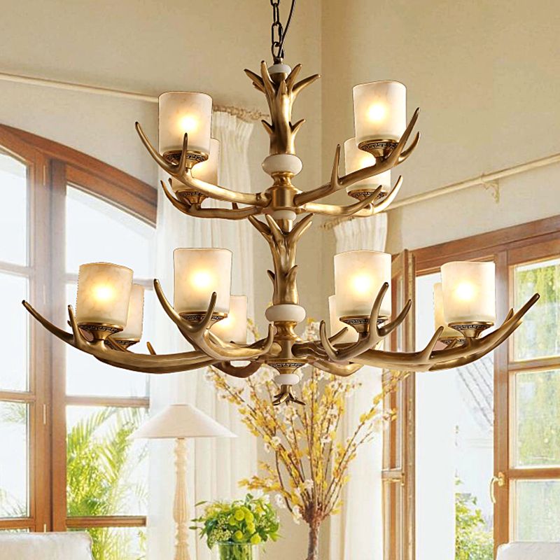 Multi-Head Chandelier Light Fixtures Rustic Antler Chandelier Pendant Lamp with White Glass Shade