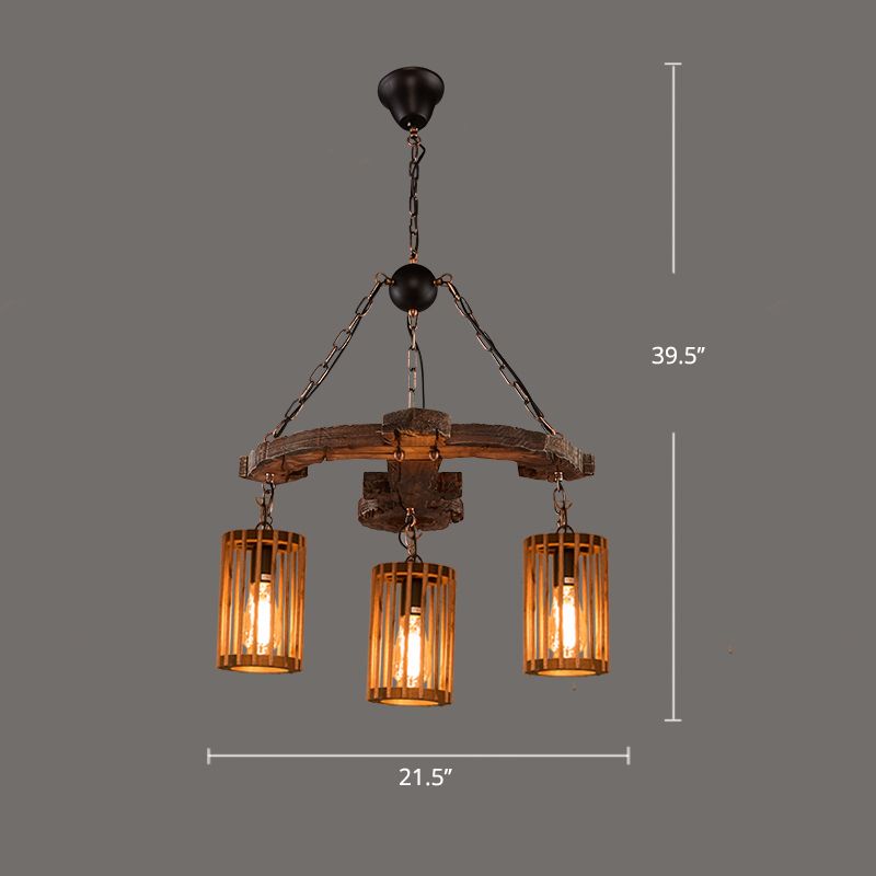 Farmhouse Cylindrical Cage Chandelier Light Wooden Hanging Lamp Kit for Dining Room