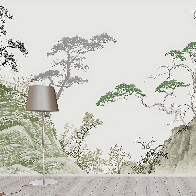 Green Pine Tree Mural Wallpaper Stain-Resistant Wall Covering for Guest Room Decoration