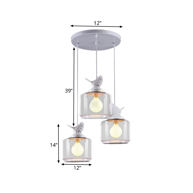 Drum Clear Glass Pendant Lighting Nordic 3 Bulbs White Multi Light Ceiling Light with Resin Bird Top
