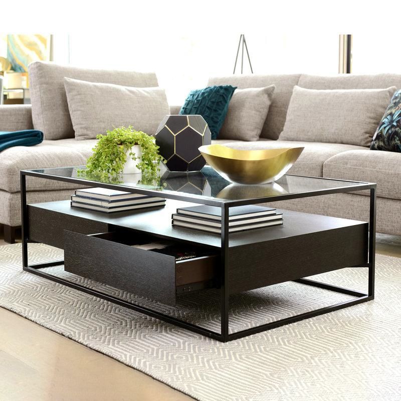 17.7" H Modern Rectangle Glass Coffee Table Metal Frame Cocktail Table with Storage