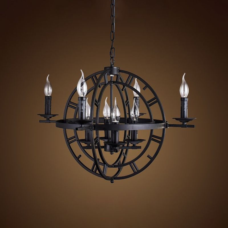 Éclairage de lustre de la cage du globe industriel Aménagement de plafond en fer 6-Bulb en bronze / noir avec conception de bougies