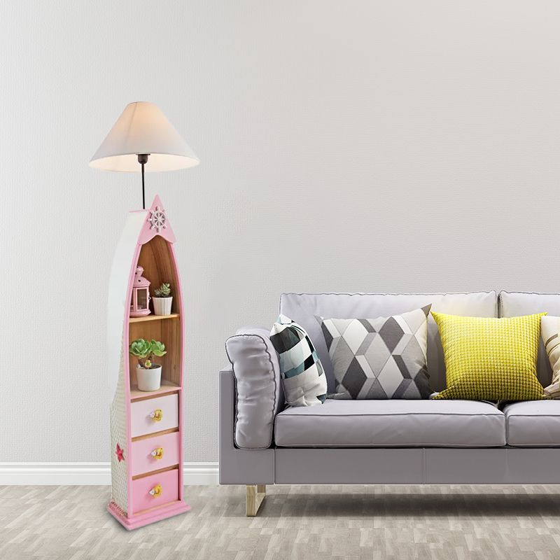 Lampada da pavimento a tavola da surf a surf in legno Bambini a testa singola rosa/verde/blu in piedi luce con tonalità in tessuto bianco cono