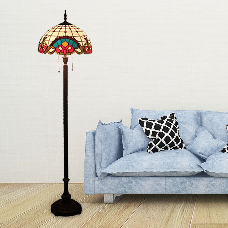 2 Bulbs Standing Light Baroque Dome Shaped Hand Cut Glass Reading Floor Lamp in Black with Pull Chain